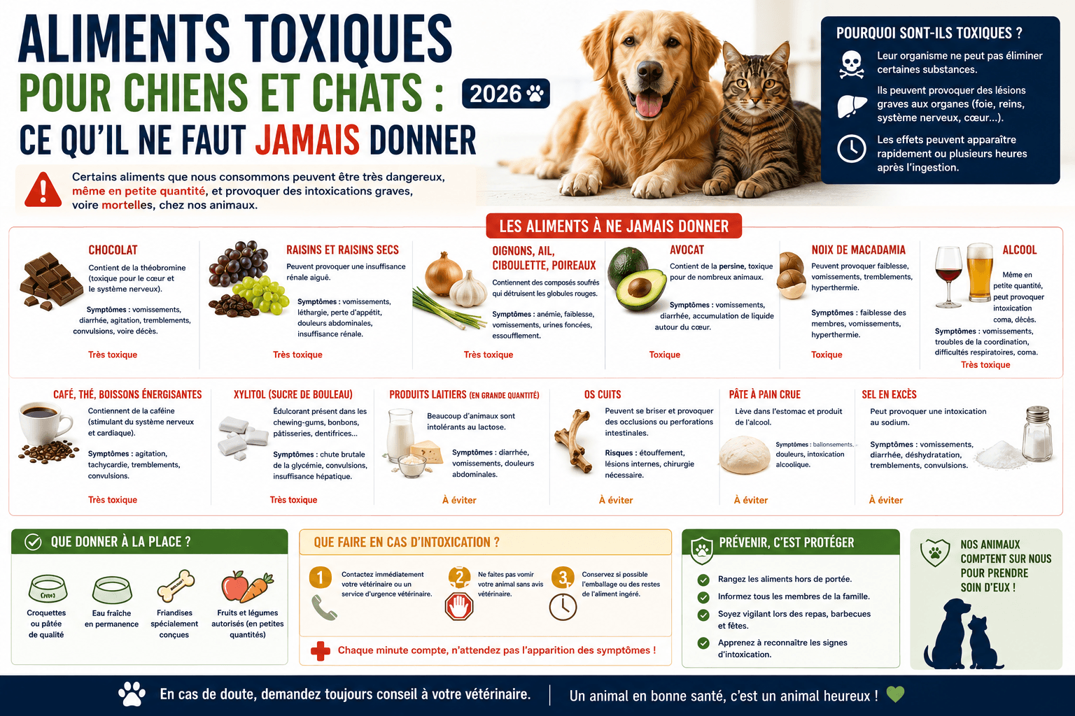 Aliments toxiques pour chiens et chats : ce qu’il ne faut JAMAIS donner (2026)