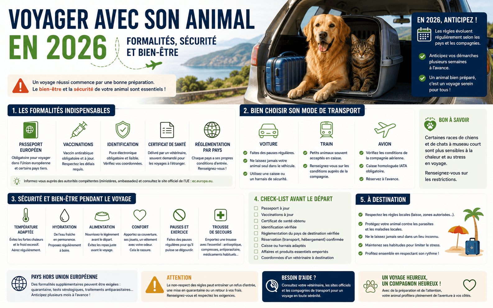Voyager avec son animal en 2026 : formalités, sécurité et bien‑être
